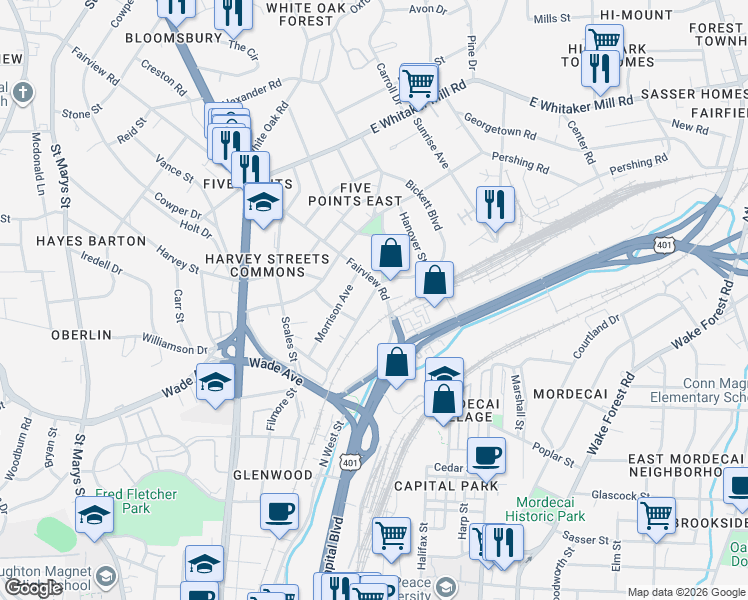 map of restaurants, bars, coffee shops, grocery stores, and more near 1401 Fairview Road in Raleigh