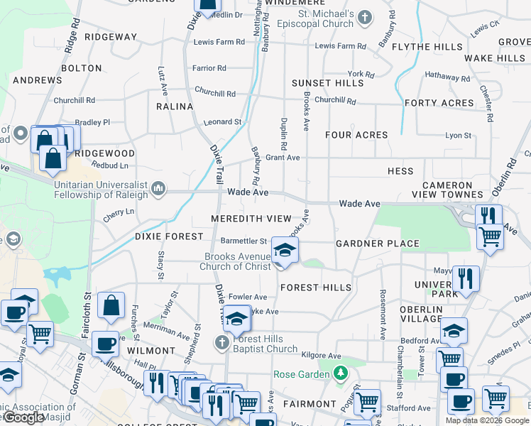 map of restaurants, bars, coffee shops, grocery stores, and more near 2923 Wade Avenue in Raleigh