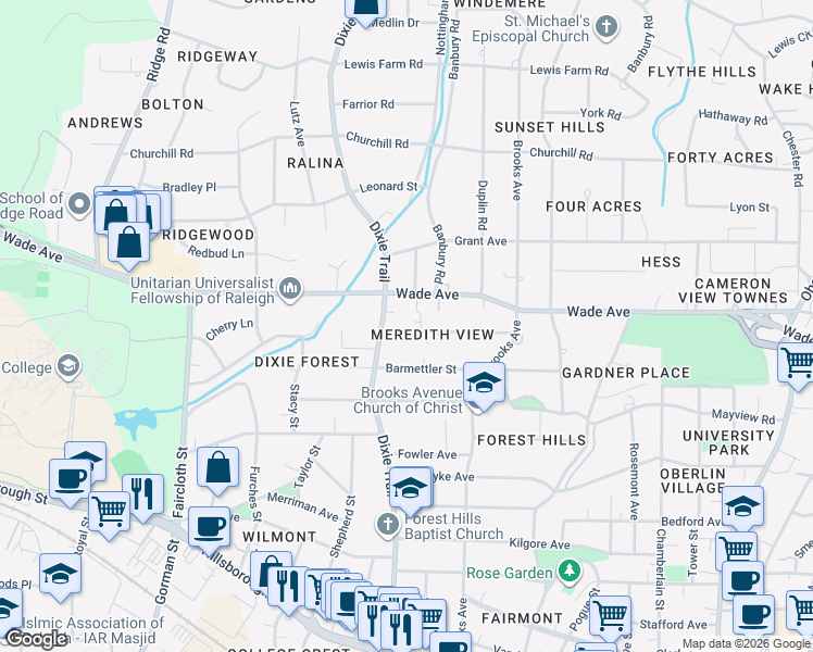 map of restaurants, bars, coffee shops, grocery stores, and more near 3009 Wade Avenue in Raleigh