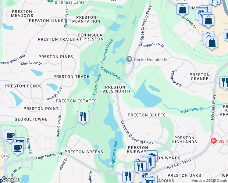 map of restaurants, bars, coffee shops, grocery stores, and more near 787 Crabtree Crossing Parkway in Cary