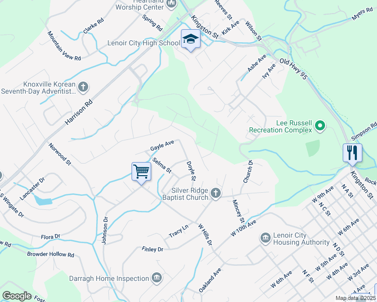 map of restaurants, bars, coffee shops, grocery stores, and more near 223 Doyle Street in Lenoir City