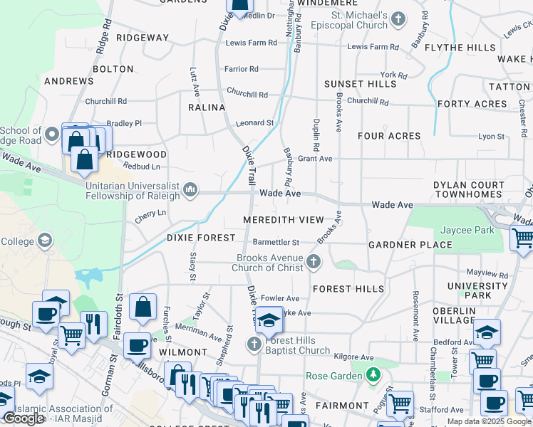 map of restaurants, bars, coffee shops, grocery stores, and more near 3009 Wade Avenue in Raleigh