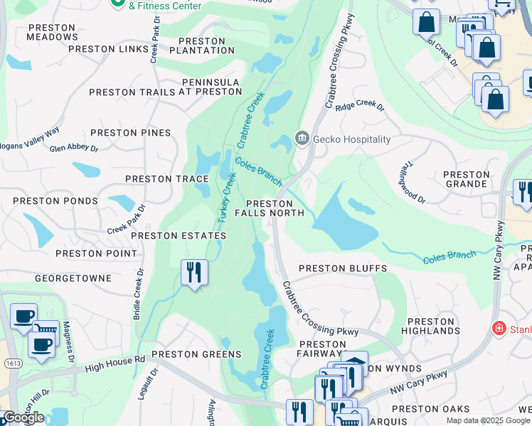 map of restaurants, bars, coffee shops, grocery stores, and more near 787 Crabtree Crossing Parkway in Cary