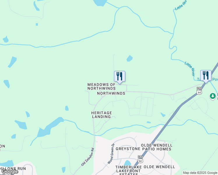 map of restaurants, bars, coffee shops, grocery stores, and more near 87 Northwinds North Drive in Wendell