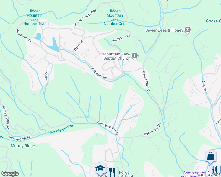 map of restaurants, bars, coffee shops, grocery stores, and more near 1514 Ridgecrest Drive in Pigeon Forge