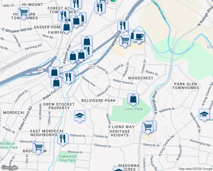 map of restaurants, bars, coffee shops, grocery stores, and more near 214 Robin Hood Drive in Raleigh