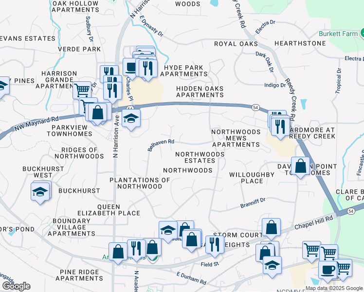 map of restaurants, bars, coffee shops, grocery stores, and more near 1106 Belhaven Road in Cary