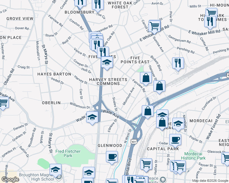map of restaurants, bars, coffee shops, grocery stores, and more near 503 Harvey Street in Raleigh