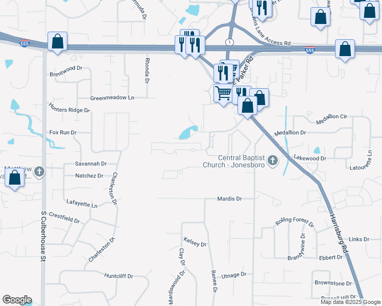 map of restaurants, bars, coffee shops, grocery stores, and more near 6 Gladious Drive in Jonesboro