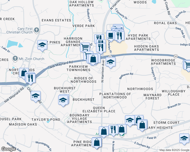 map of restaurants, bars, coffee shops, grocery stores, and more near 916 Northwoods Drive in Cary