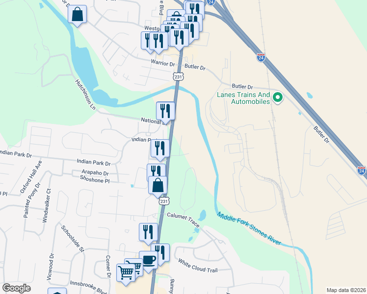 map of restaurants, bars, coffee shops, grocery stores, and more near 2571 Shinnecock Court in Murfreesboro
