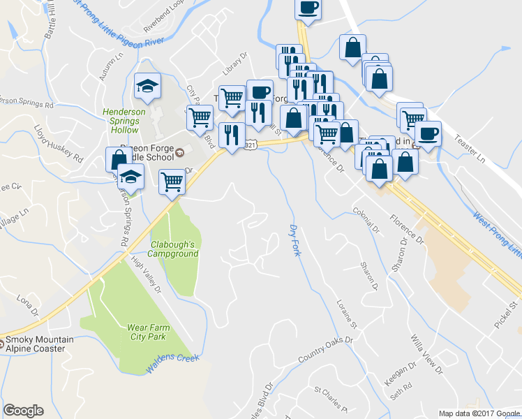 map of restaurants, bars, coffee shops, grocery stores, and more near 2675 Valley Heights Drive in Pigeon Forge
