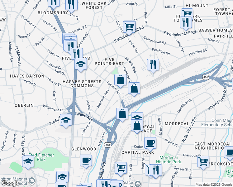 map of restaurants, bars, coffee shops, grocery stores, and more near 1401 Fairview Road in Raleigh