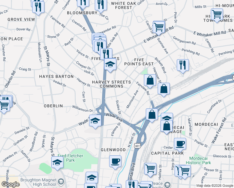 map of restaurants, bars, coffee shops, grocery stores, and more near 1509 Scales Street in Raleigh