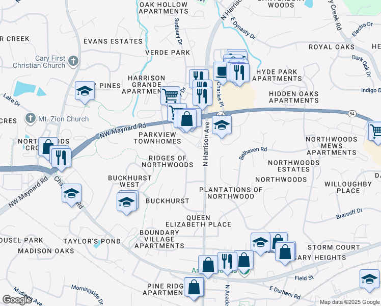 map of restaurants, bars, coffee shops, grocery stores, and more near 916 Northwoods Drive in Cary