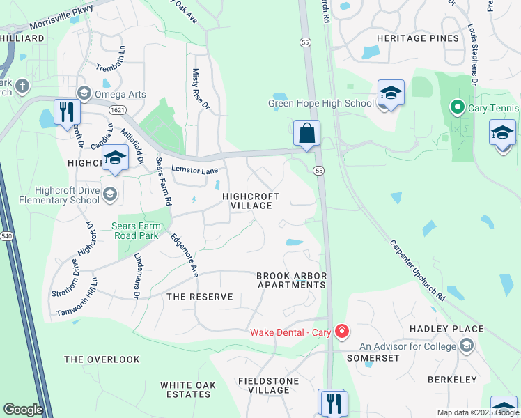map of restaurants, bars, coffee shops, grocery stores, and more near 4129 Enfield Ridge Drive in Cary