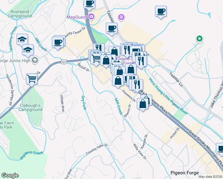 map of restaurants, bars, coffee shops, grocery stores, and more near 2724 Florence Drive in Pigeon Forge