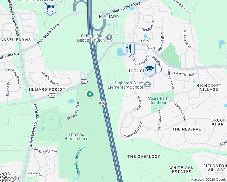 map of restaurants, bars, coffee shops, grocery stores, and more near 317 Alamosa Place in Cary