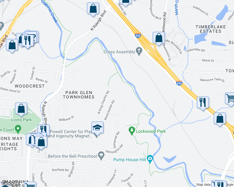 map of restaurants, bars, coffee shops, grocery stores, and more near 1420 Crabtree Boulevard in Raleigh