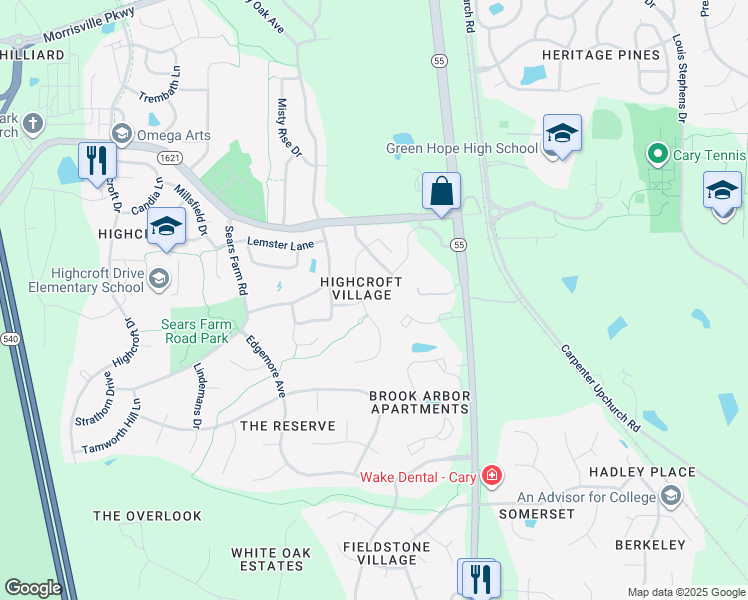 map of restaurants, bars, coffee shops, grocery stores, and more near 4129 Enfield Ridge Drive in Cary
