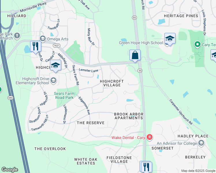 map of restaurants, bars, coffee shops, grocery stores, and more near 4212 Enfield Ridge Drive in Cary