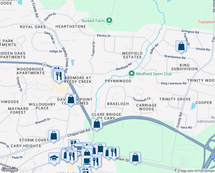 map of restaurants, bars, coffee shops, grocery stores, and more near 418 Fincastle Drive in Cary
