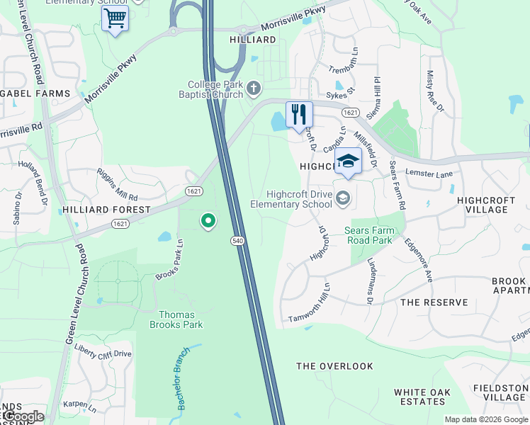 map of restaurants, bars, coffee shops, grocery stores, and more near 317 Alamosa Place in Cary