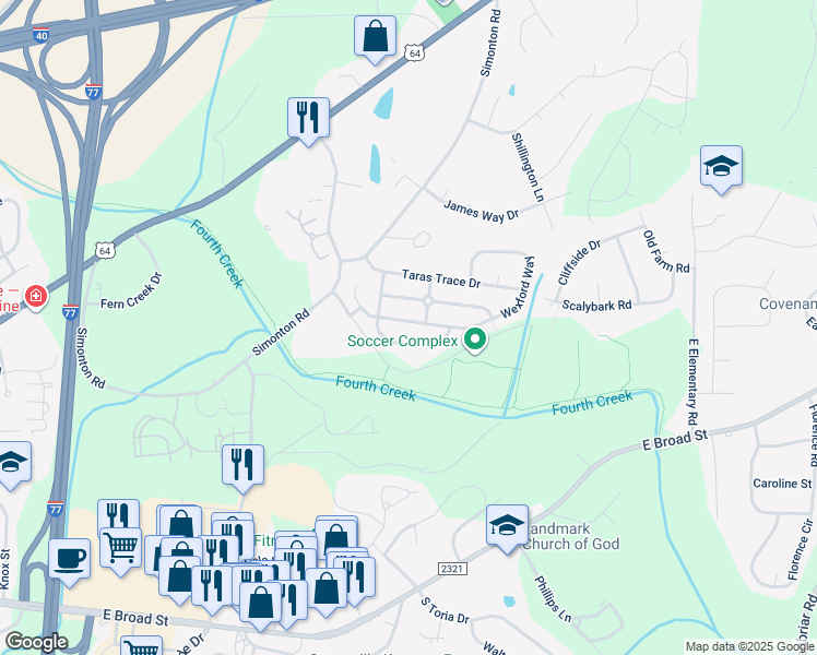 map of restaurants, bars, coffee shops, grocery stores, and more near 2126 Wexford Way in Statesville
