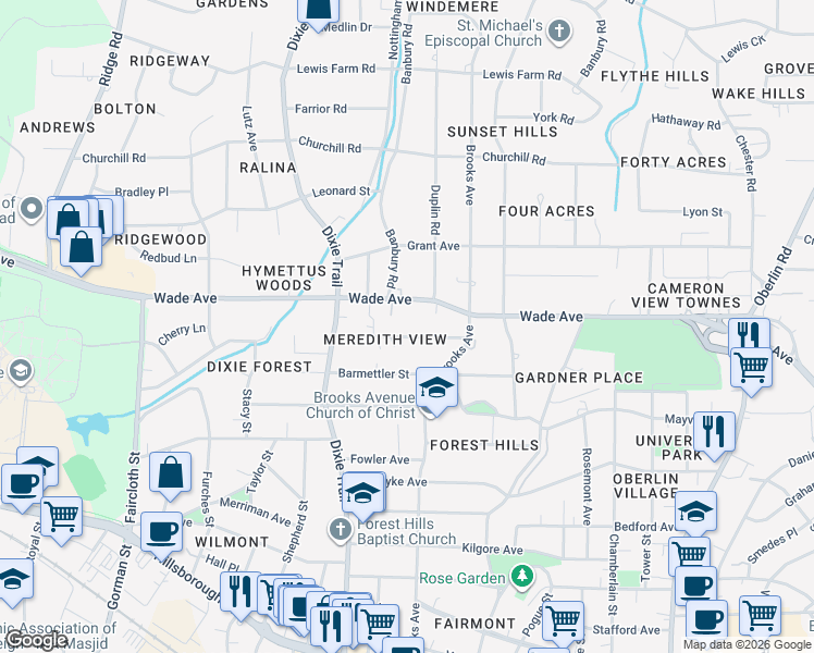 map of restaurants, bars, coffee shops, grocery stores, and more near 2814 Oberry Street in Raleigh