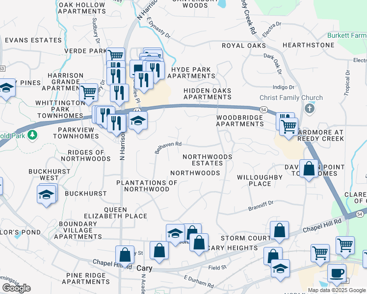 map of restaurants, bars, coffee shops, grocery stores, and more near 1102 Belhaven Road in Cary