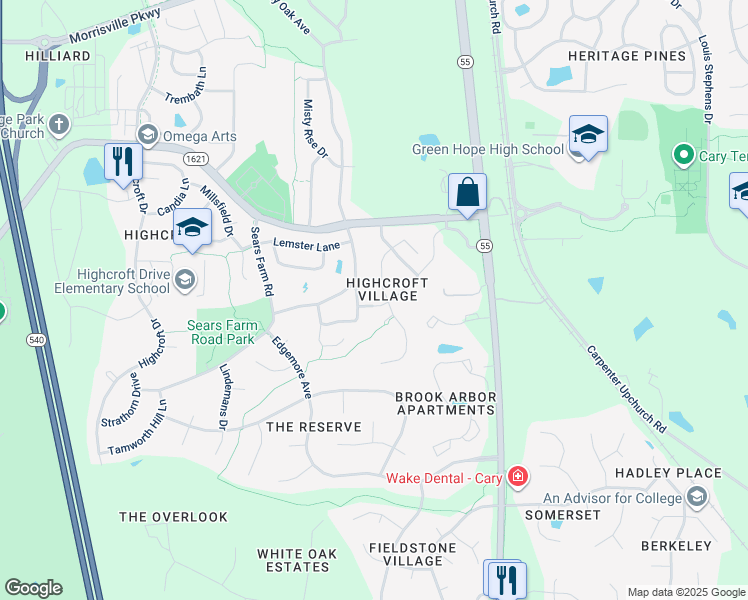 map of restaurants, bars, coffee shops, grocery stores, and more near 4212 Enfield Ridge Drive in Cary