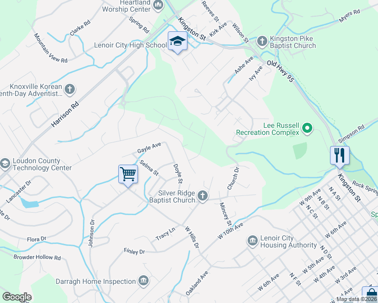 map of restaurants, bars, coffee shops, grocery stores, and more near 223 Doyle Street in Lenoir City