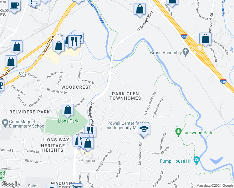 map of restaurants, bars, coffee shops, grocery stores, and more near 853 Dalewood Drive in Raleigh