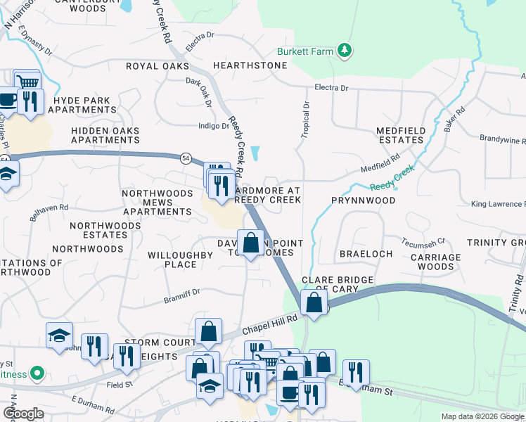 map of restaurants, bars, coffee shops, grocery stores, and more near 103 Aisling Court in Cary