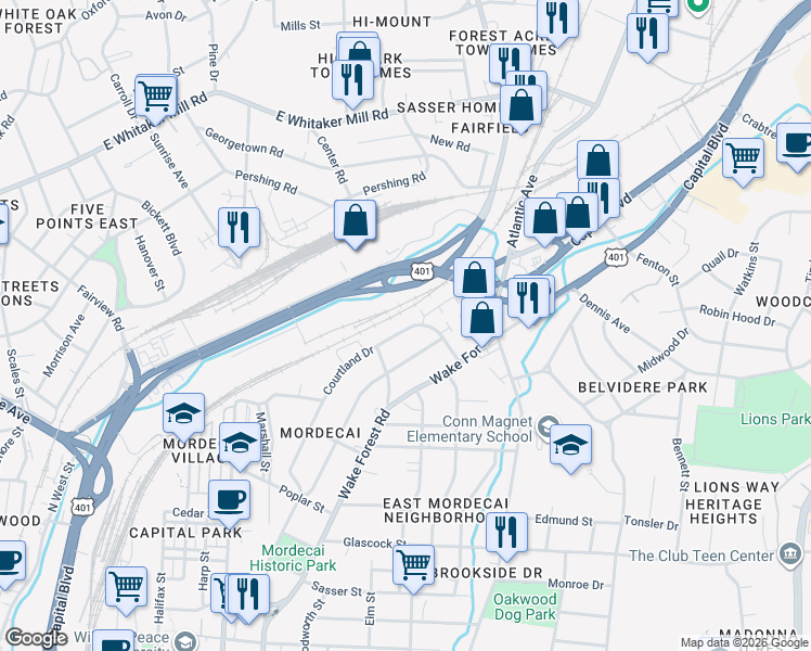 map of restaurants, bars, coffee shops, grocery stores, and more near 1419 Courtland Drive in Raleigh