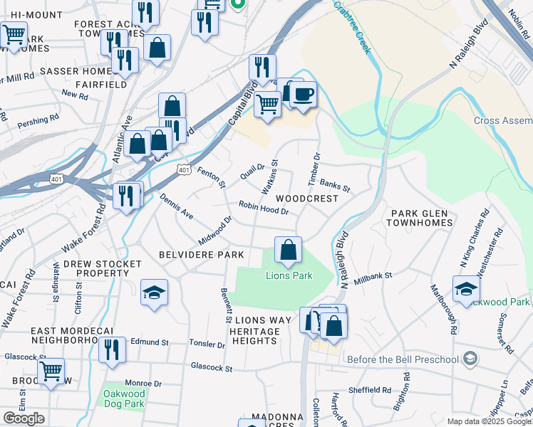 map of restaurants, bars, coffee shops, grocery stores, and more near 404 Robin Hood Drive in Raleigh