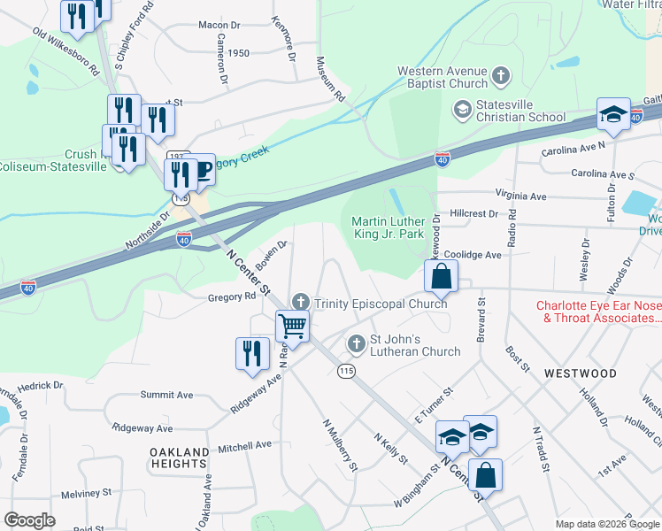 map of restaurants, bars, coffee shops, grocery stores, and more near 877 Henkel Road in Statesville