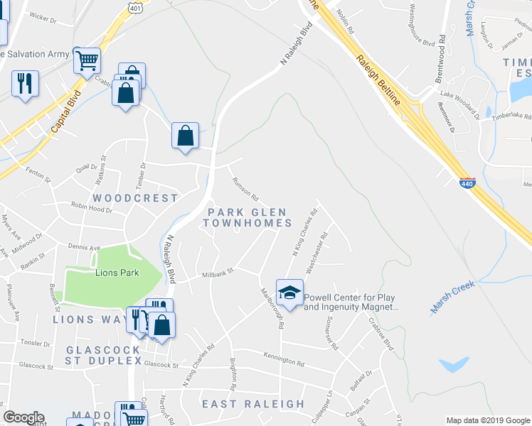 map of restaurants, bars, coffee shops, grocery stores, and more near 2213 Rumson Road in Raleigh
