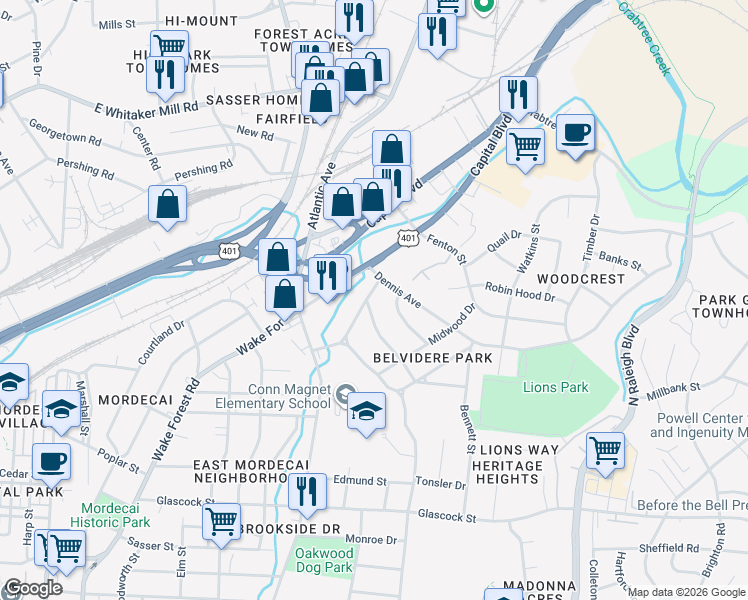 map of restaurants, bars, coffee shops, grocery stores, and more near 106 Plainview Avenue in Raleigh