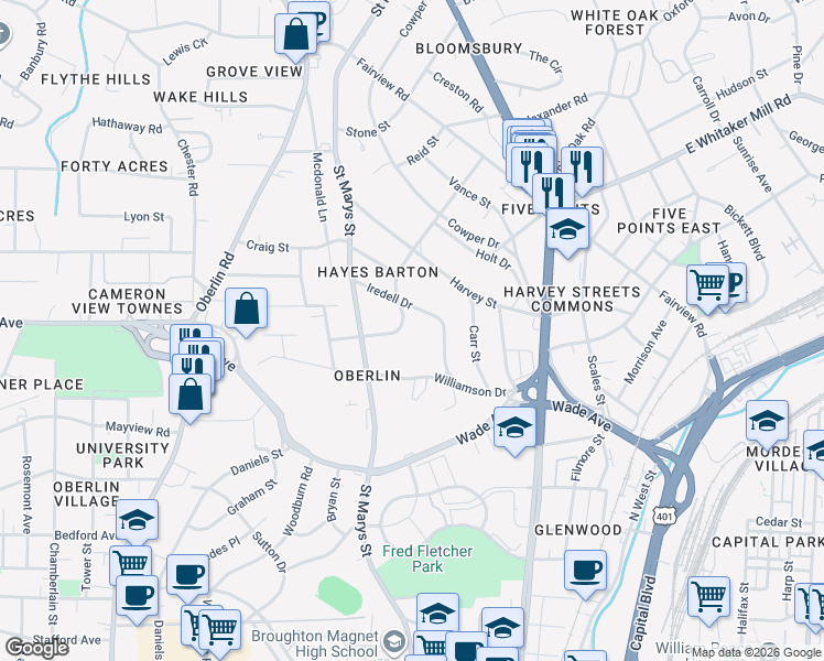 map of restaurants, bars, coffee shops, grocery stores, and more near 1539 Iredell Drive in Raleigh