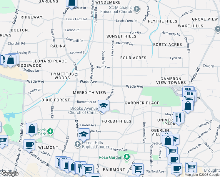 map of restaurants, bars, coffee shops, grocery stores, and more near 2805 Plumfield Place in Raleigh