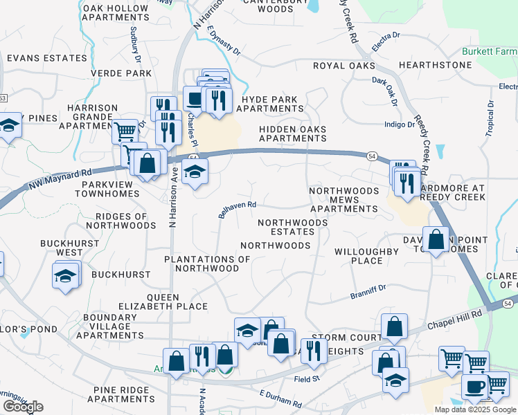 map of restaurants, bars, coffee shops, grocery stores, and more near 1102 Belhaven Road in Cary