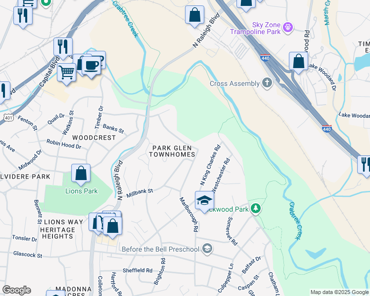 map of restaurants, bars, coffee shops, grocery stores, and more near 2213 Rumson Road in Raleigh