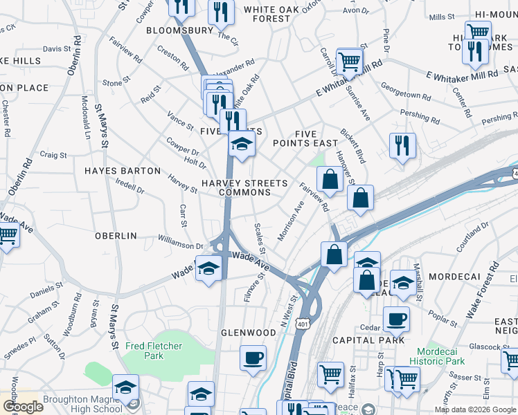 map of restaurants, bars, coffee shops, grocery stores, and more near 503 Harvey Street in Raleigh
