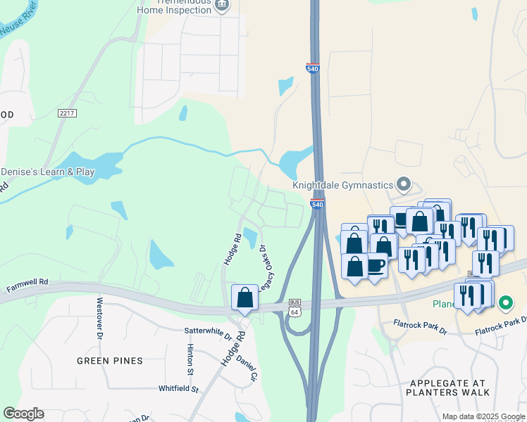map of restaurants, bars, coffee shops, grocery stores, and more near 1150 Bristoe Drive in Knightdale