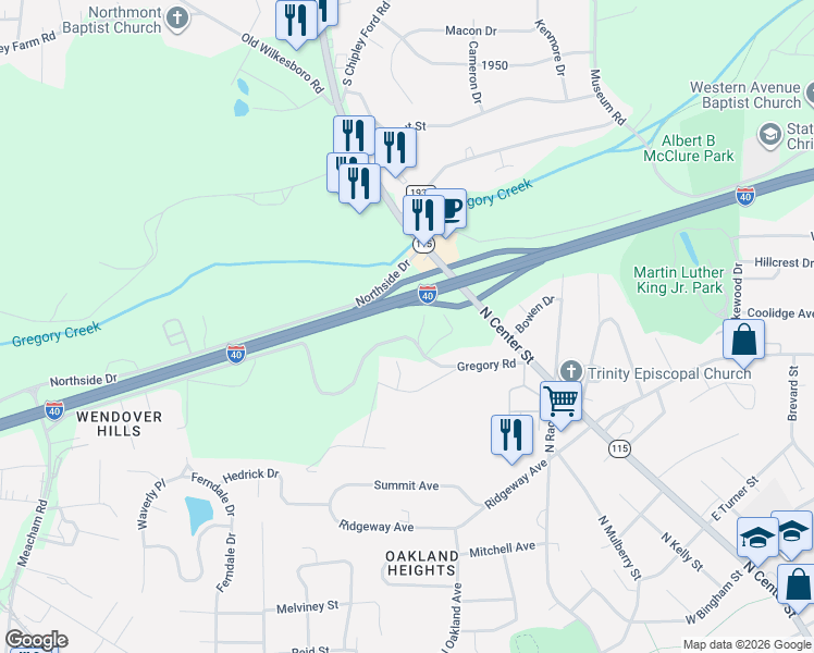map of restaurants, bars, coffee shops, grocery stores, and more near 304 Gregory Road in Statesville
