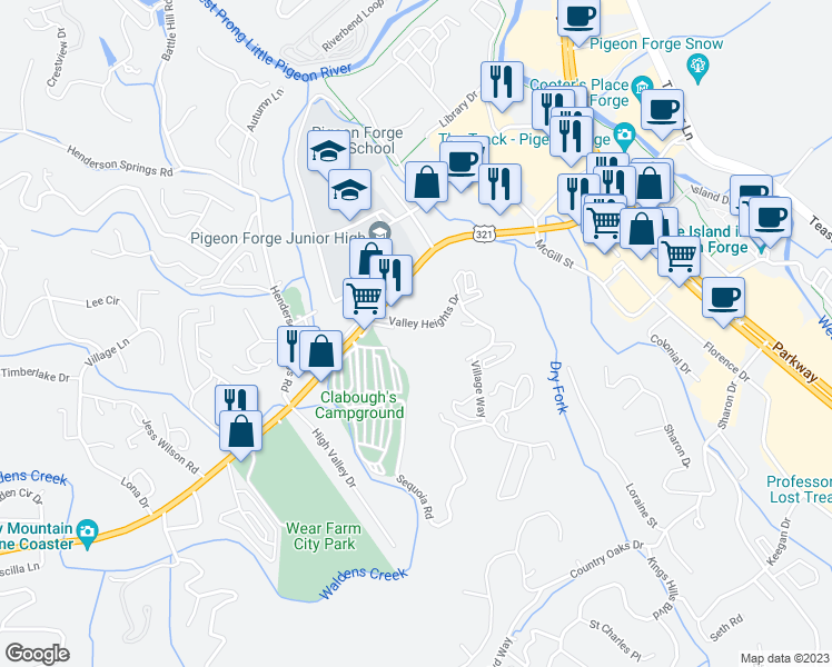 map of restaurants, bars, coffee shops, grocery stores, and more near 2645 Valley Heights Drive in Pigeon Forge