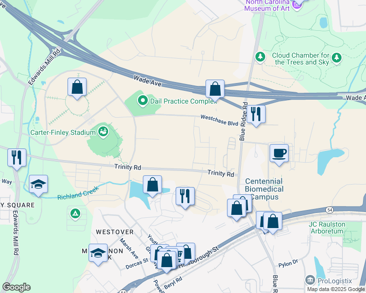map of restaurants, bars, coffee shops, grocery stores, and more near 4220 Trinity Road in Raleigh