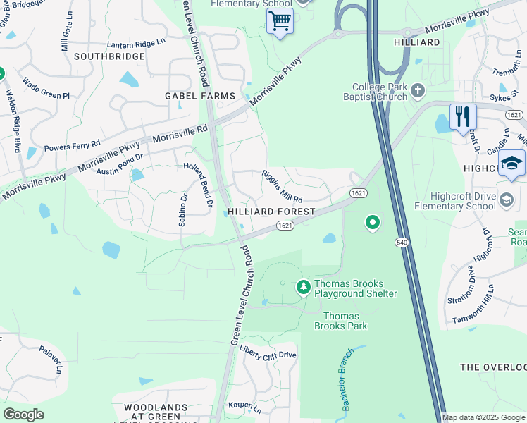 map of restaurants, bars, coffee shops, grocery stores, and more near 232 Hilliard Forest Drive in Cary