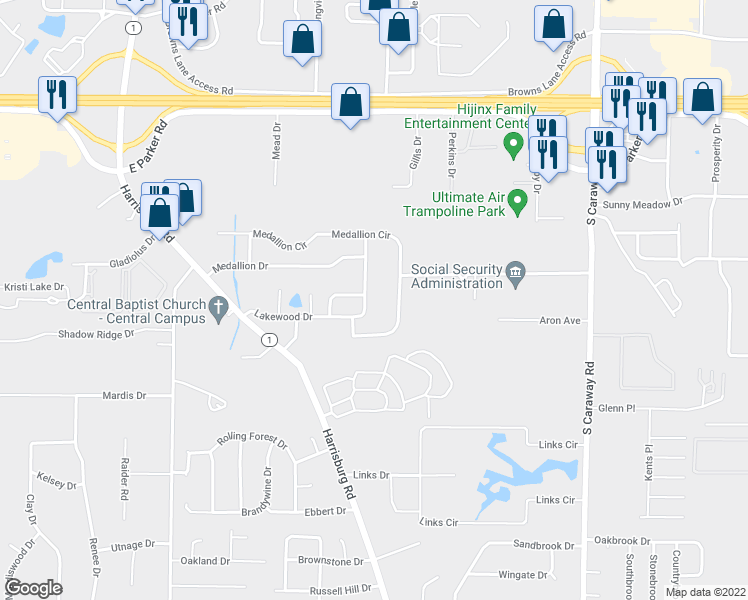 map of restaurants, bars, coffee shops, grocery stores, and more near 1518 Lakewood Drive in Jonesboro